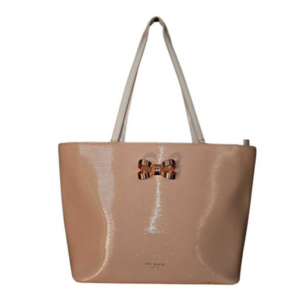 Ted Baker London Pink Patent Tote Bag Rose Gold Bow Detail Textured Shoulder Bag